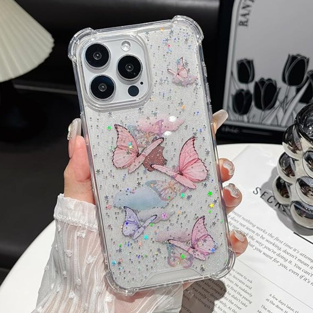 iPhone 16 Pro Max Clear Transparent Cute Butterfly Case Wireless Charging Case